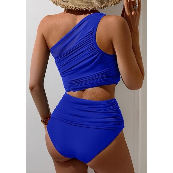 Women's Bikini Set Tummy Control Two Pcs Swimsuit Mesh One Shoulder royal blue S - Picture 2 of 15